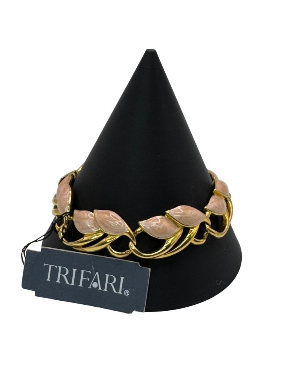 Vintage Trifari Gold-Tone Leaf Bracelet Laurel Pink Enamel 7" Signed New w/ Tag